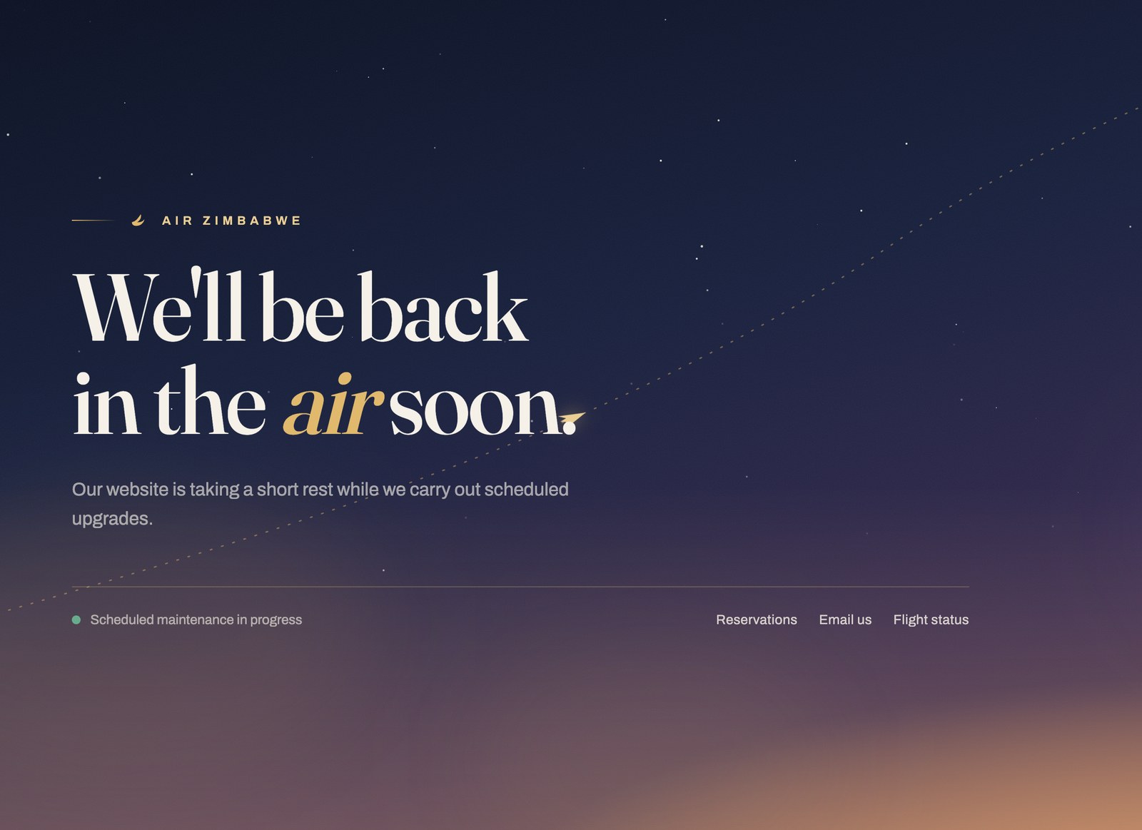 The airzimbabwe.aero website showing a scheduled-maintenance page reading We'll be back in the air soon.