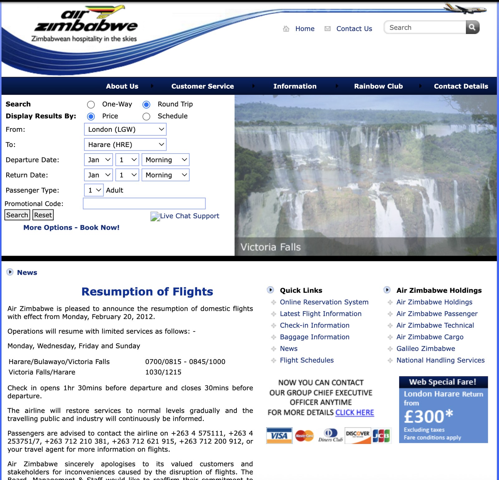 A 2012 Internet Archive capture of airzimbabwe.com showing a booking widget set from London to Harare and a London-Harare return web special fare from 300 pounds.